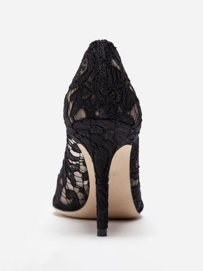 Chaussures Mariage Noires Dentelle À Talons Hauts Et Strass Pour Femmes - Noir