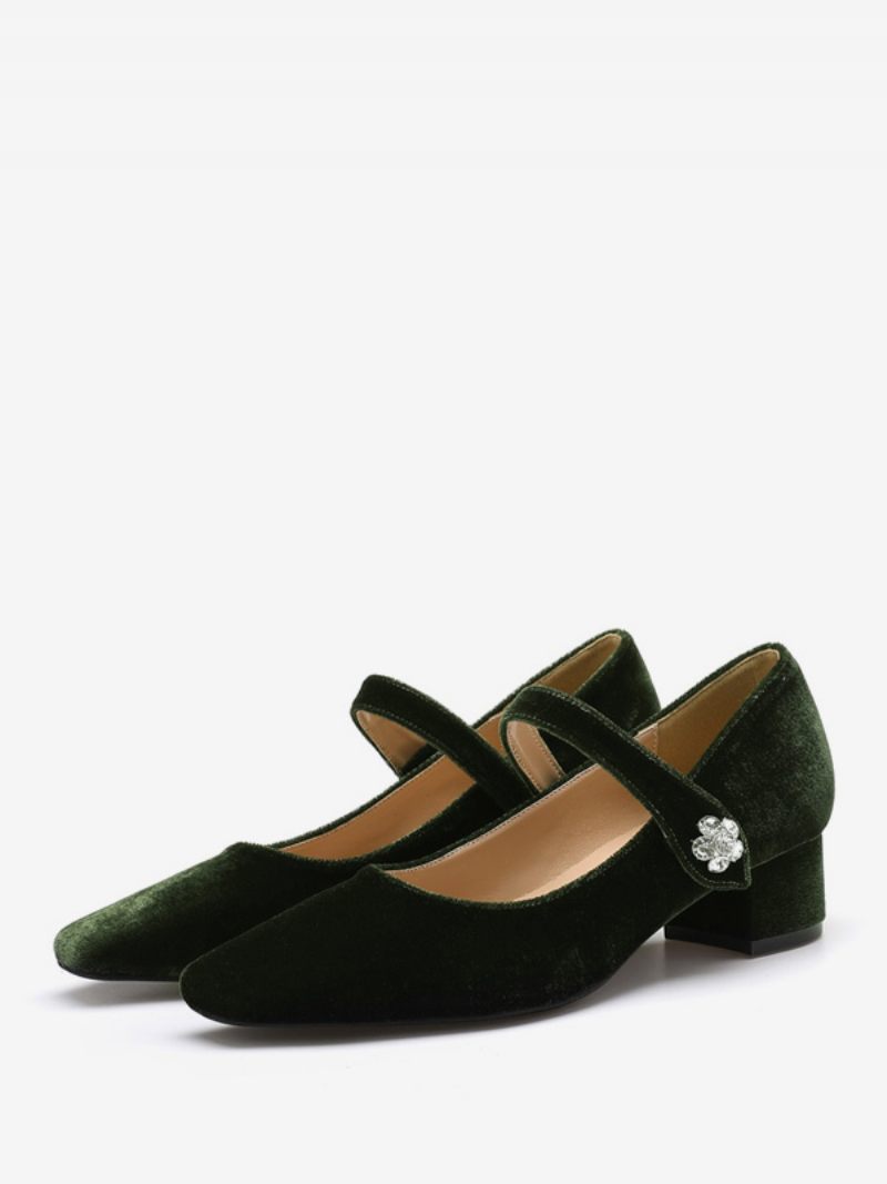 Chaussures Mary Jane À Talons Mi-bas Velours Bout Carré Et Talon Épais Pour Femme - Vert Foncé