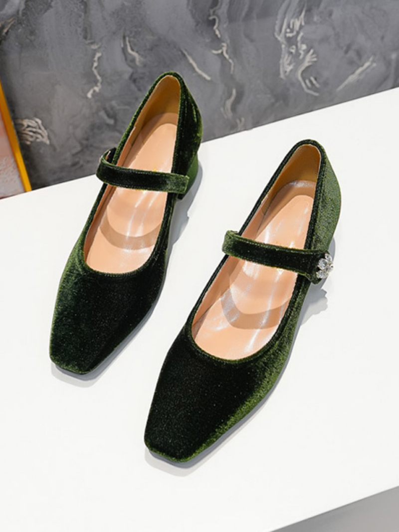 Chaussures Mary Jane À Talons Mi-bas Velours Bout Carré Et Talon Épais Pour Femme - Vert Foncé