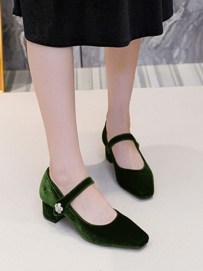 Chaussures Mary Jane À Talons Mi-bas Velours Bout Carré Et Talon Épais Pour Femme - Vert Foncé