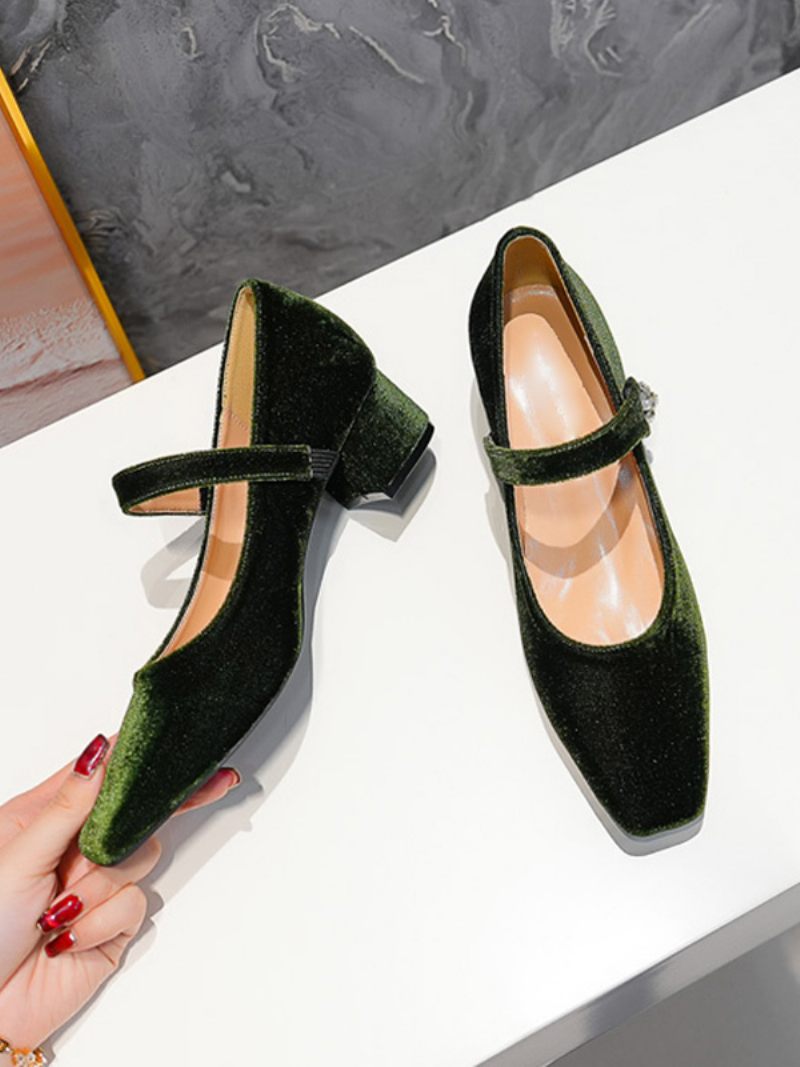 Chaussures Mary Jane À Talons Mi-bas Velours Bout Carré Et Talon Épais Pour Femme - Vert Foncé