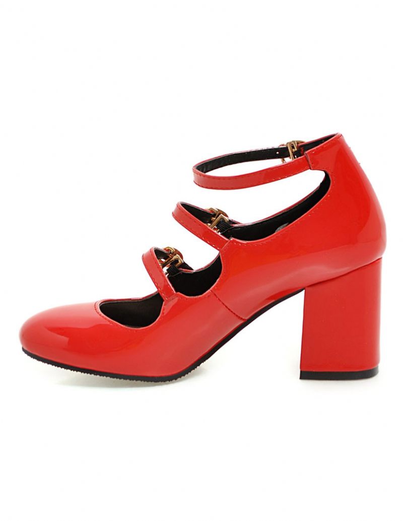 Chaussures Mary Jane À Talons Mi-hauts Roses Bout Rond Bride La Cheville Vintage Pour Femmes - Rouge