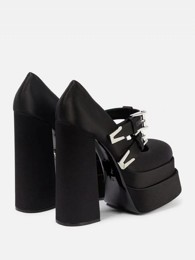 Chaussures Soirée Noires À Talons Hauts Pour Femmes Bout Carré Boucle Détail Talon Bloc - Noir