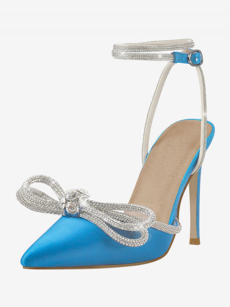 Chaussures Soirée À Talons Hauts Pour Femmes Bout Pointu Satin Strass Sandales Aiguilles Bride La Cheville Bal - Bleu Ciel Clair