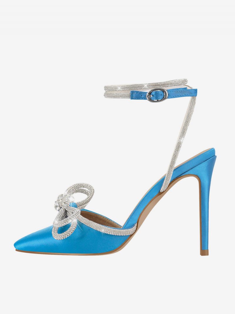 Chaussures Soirée À Talons Hauts Pour Femmes Bout Pointu Satin Strass Sandales Aiguilles Bride La Cheville Bal - Bleu Ciel Clair