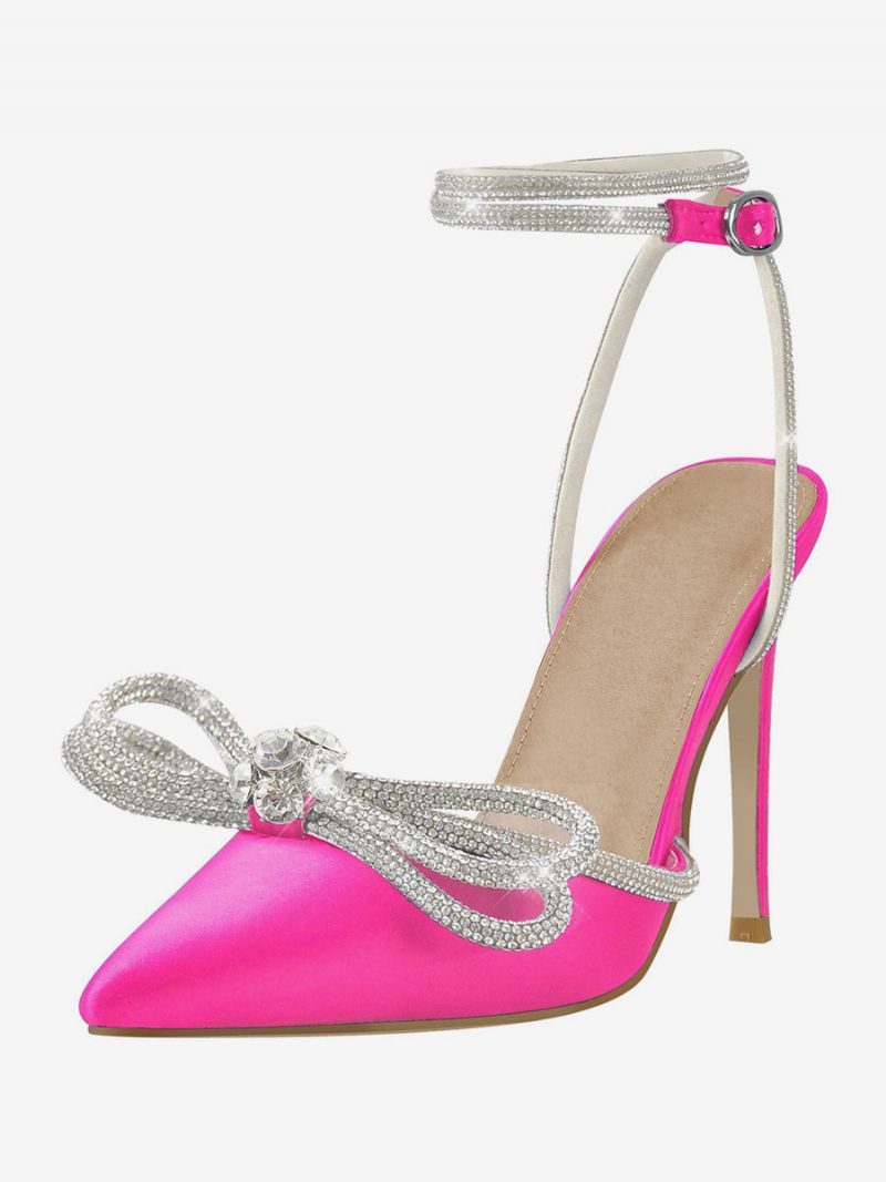 Chaussures Soirée À Talons Hauts Pour Femmes Bout Pointu Satin Strass Sandales Aiguilles Bride La Cheville Bal - Rose