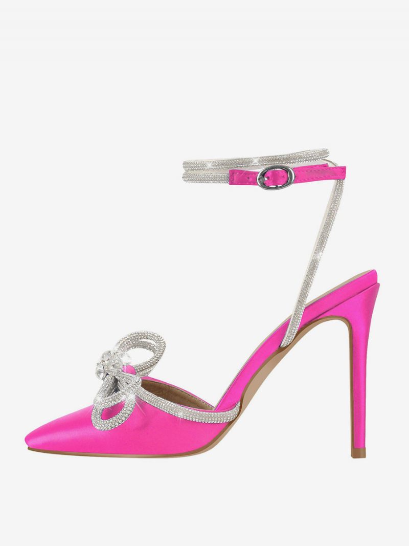 Chaussures Soirée À Talons Hauts Pour Femmes Bout Pointu Satin Strass Sandales Aiguilles Bride La Cheville Bal - Rose