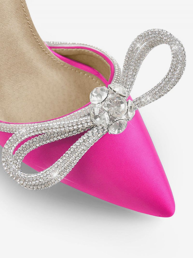 Chaussures Soirée À Talons Hauts Pour Femmes Bout Pointu Satin Strass Sandales Aiguilles Bride La Cheville Bal - Rose