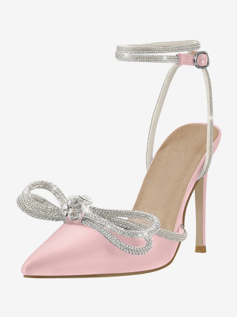 Chaussures Soirée À Talons Hauts Pour Femmes Bout Pointu Satin Strass Sandales Aiguilles Bride La Cheville Bal - Magenta