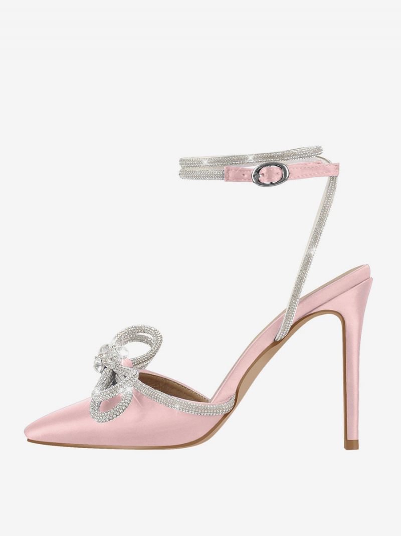 Chaussures Soirée À Talons Hauts Pour Femmes Bout Pointu Satin Strass Sandales Aiguilles Bride La Cheville Bal - Magenta