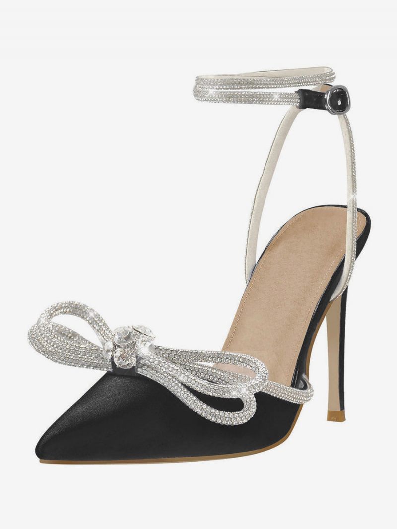 Chaussures Soirée À Talons Hauts Pour Femmes Bout Pointu Satin Strass Sandales Aiguilles Bride La Cheville Bal - Noir