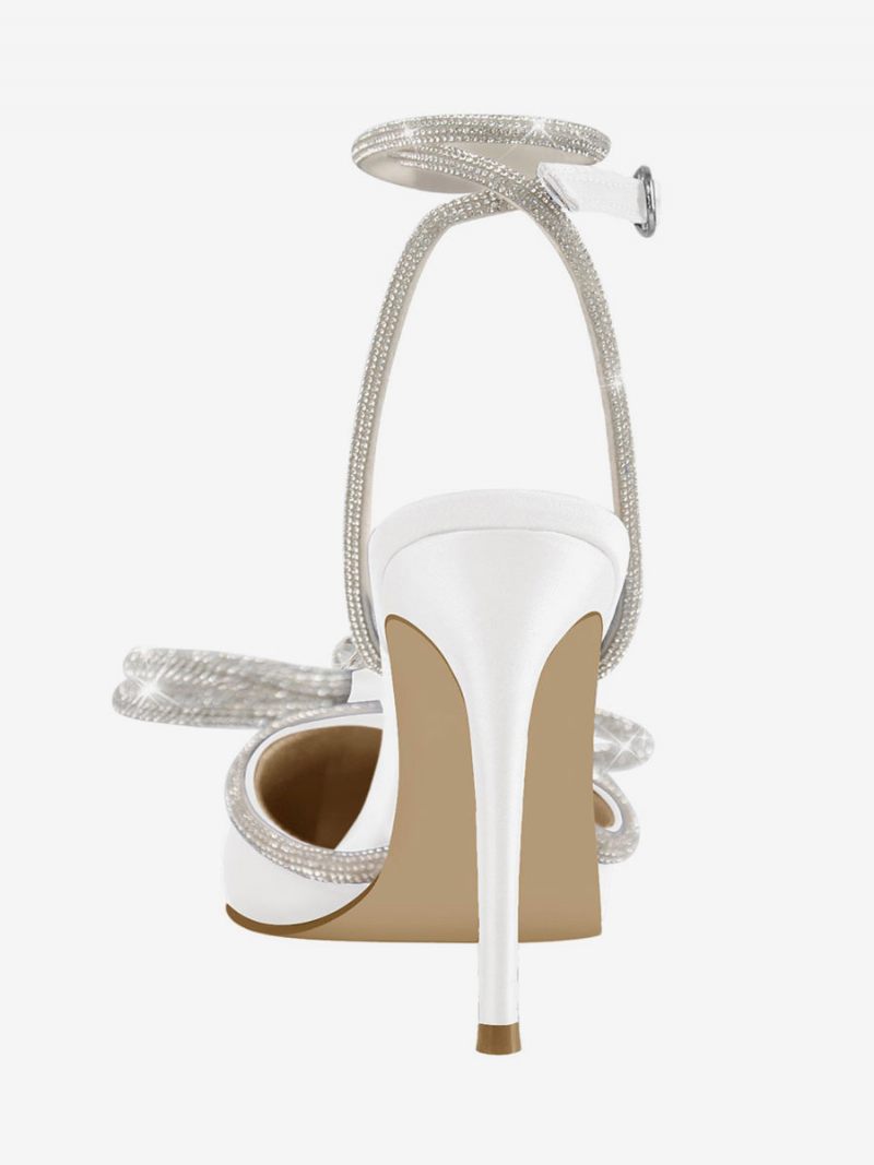 Chaussures Soirée À Talons Hauts Pour Femmes Bout Pointu Satin Strass Sandales Aiguilles Bride La Cheville Bal - Blanc