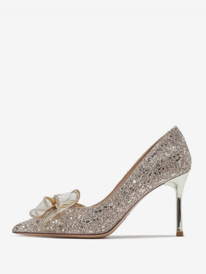 Chaussures À Talons Hauts Dorés Pour Femmes Bout Pointu Paillettes Nœuds Bal