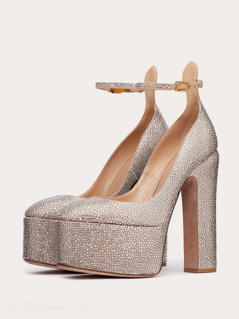 Chaussures À Talons Hauts Pour Femmes Plateforme Strass Talon Épais Bride La Cheville Fête