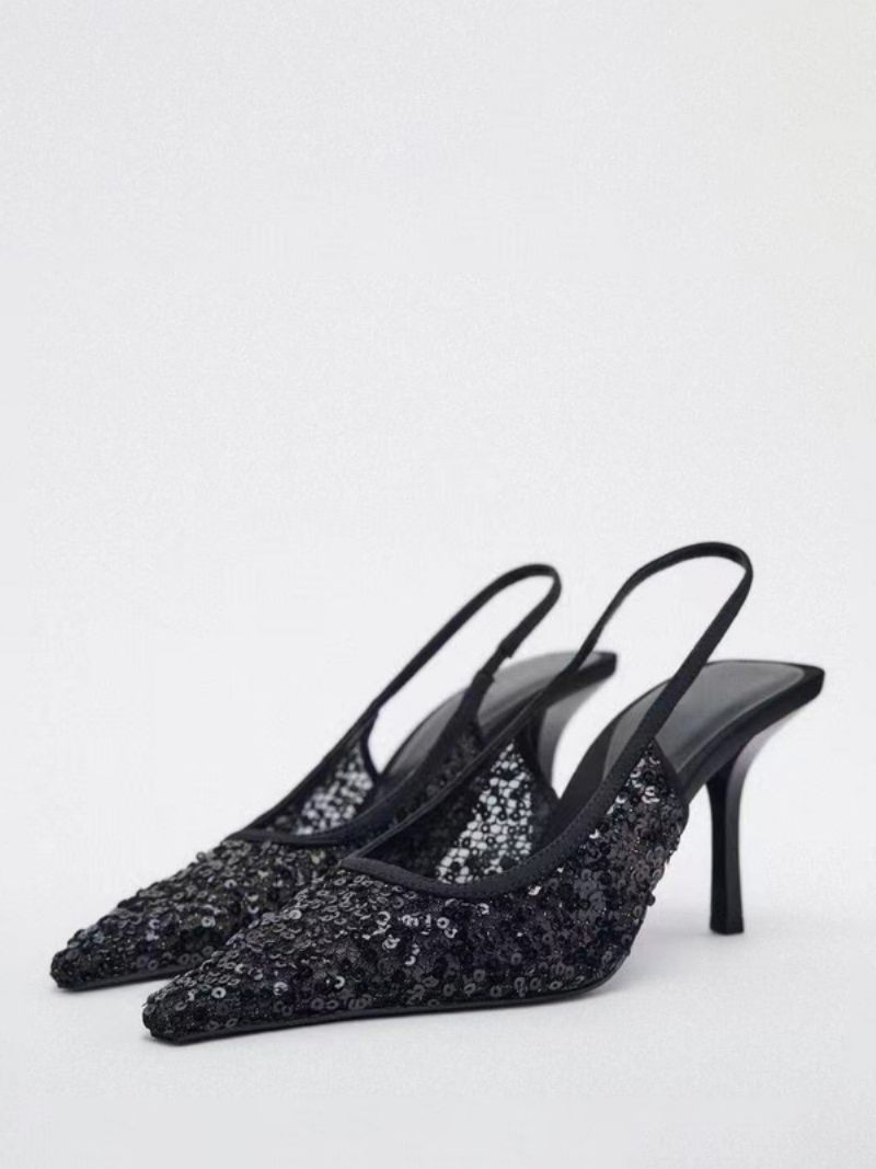 Chaussures À Talons Hauts Noirs Pour Femmes Paillettes Bout Pointu Talon Aiguille Bride Arrière Bal Mariage