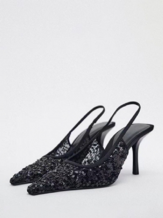 Chaussures À Talons Hauts Noirs Pour Femmes Paillettes Bout Pointu Talon Aiguille Bride Arrière Bal Mariage