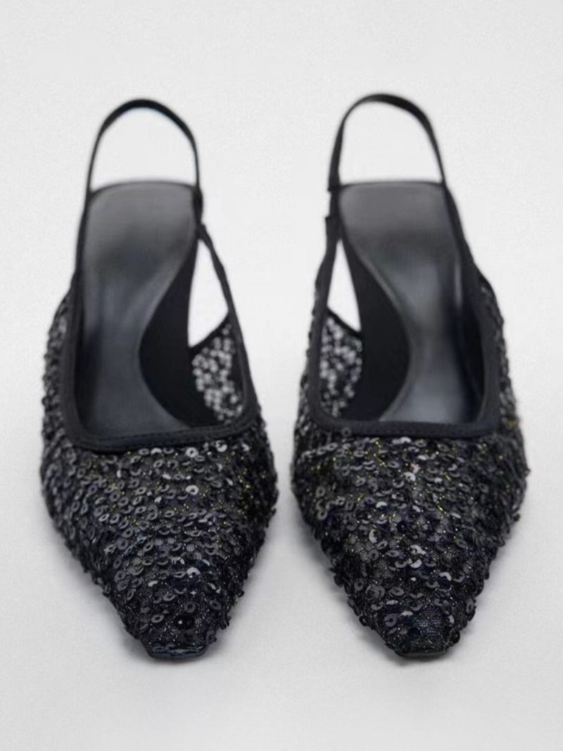 Chaussures À Talons Hauts Noirs Pour Femmes Paillettes Bout Pointu Talon Aiguille Bride Arrière Bal Mariage - Noir