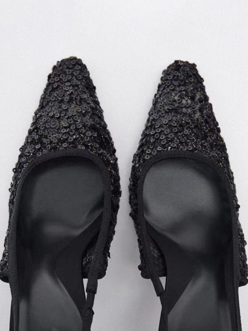 Chaussures À Talons Hauts Noirs Pour Femmes Paillettes Bout Pointu Talon Aiguille Bride Arrière Bal Mariage - Noir