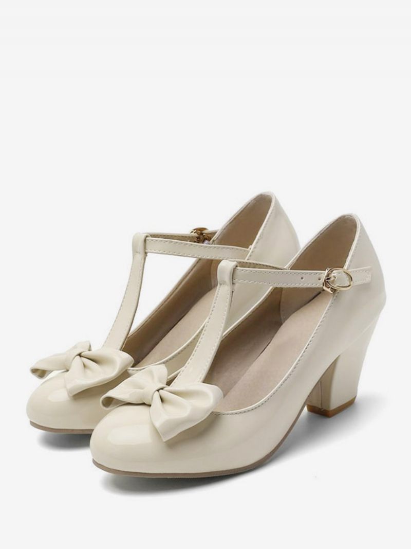 Chaussures Vintage Blanches Pour Femmes Escarpins À Bout Rond Avec Sangle T Et Talon Épais