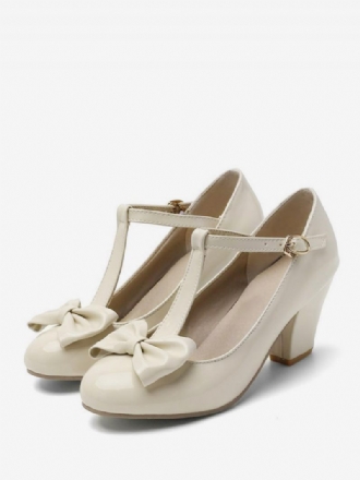 Chaussures Vintage Blanches Pour Femmes Escarpins À Bout Rond Avec Sangle T Et Talon Épais