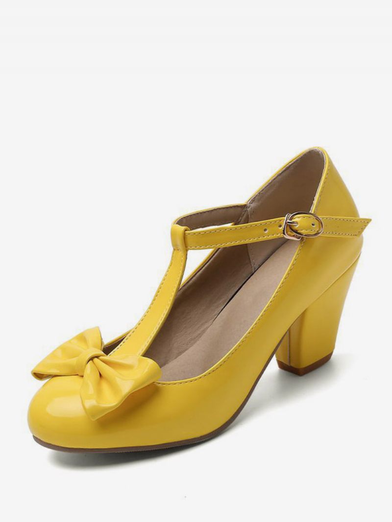 Chaussures Vintage Blanches Pour Femmes Escarpins À Bout Rond Avec Sangle T Et Talon Épais - Jaune