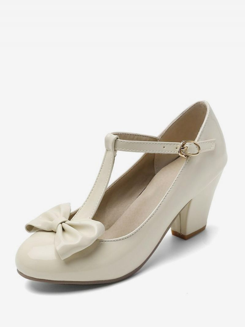 Chaussures Vintage Blanches Pour Femmes Escarpins À Bout Rond Avec Sangle T Et Talon Épais - Beige