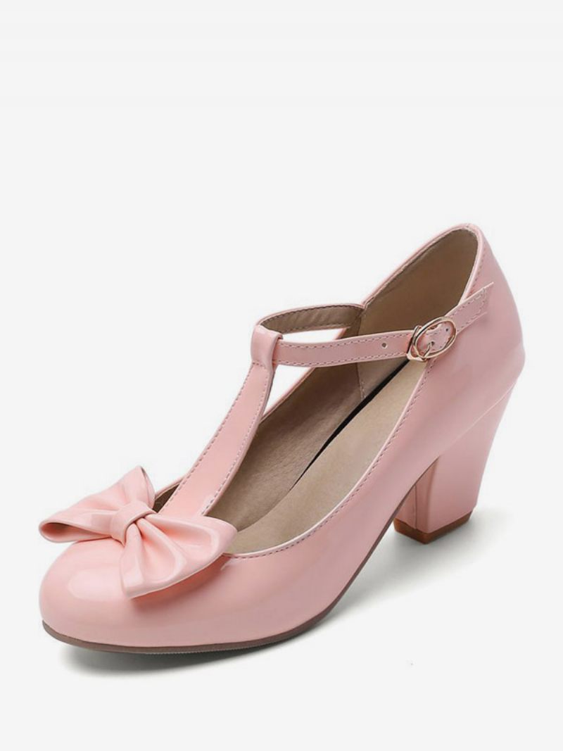 Chaussures Vintage Blanches Pour Femmes Escarpins À Bout Rond Avec Sangle T Et Talon Épais - Rose