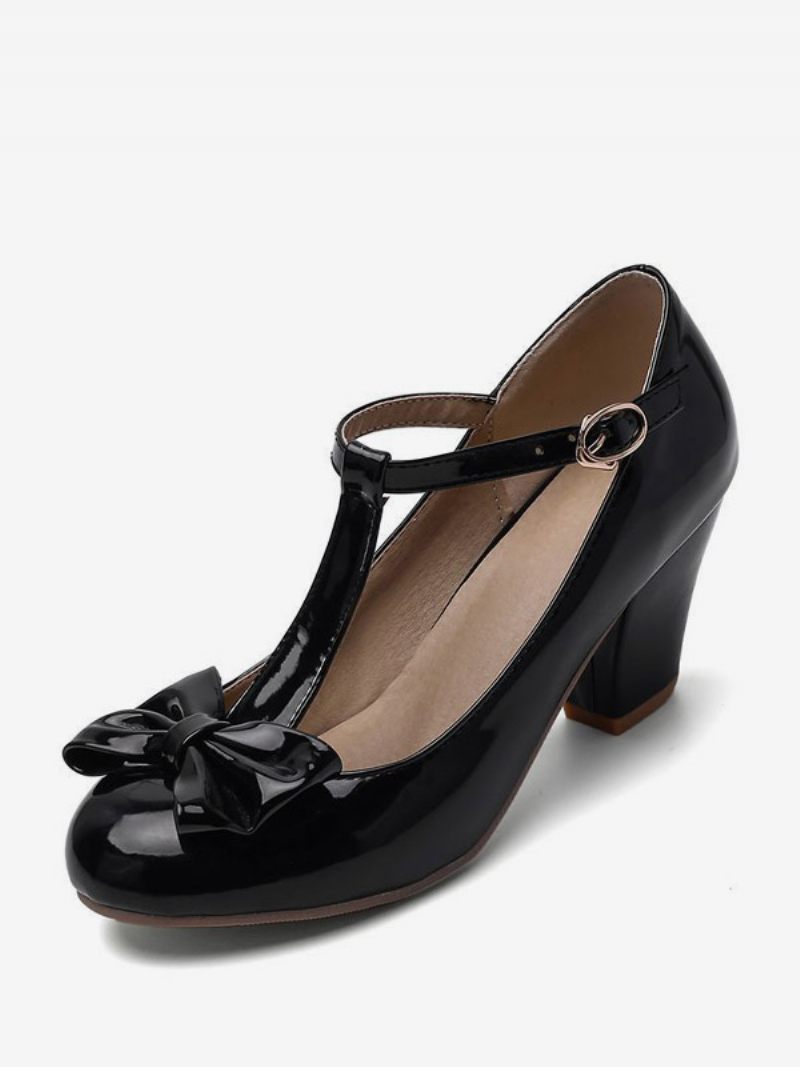 Chaussures Vintage Blanches Pour Femmes Escarpins À Bout Rond Avec Sangle T Et Talon Épais - Noir