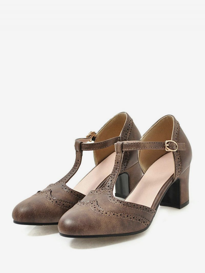 Chaussures Vintage Blanches Pour Femmes Escarpins À Sangle T Chunky Heek - Marron Café