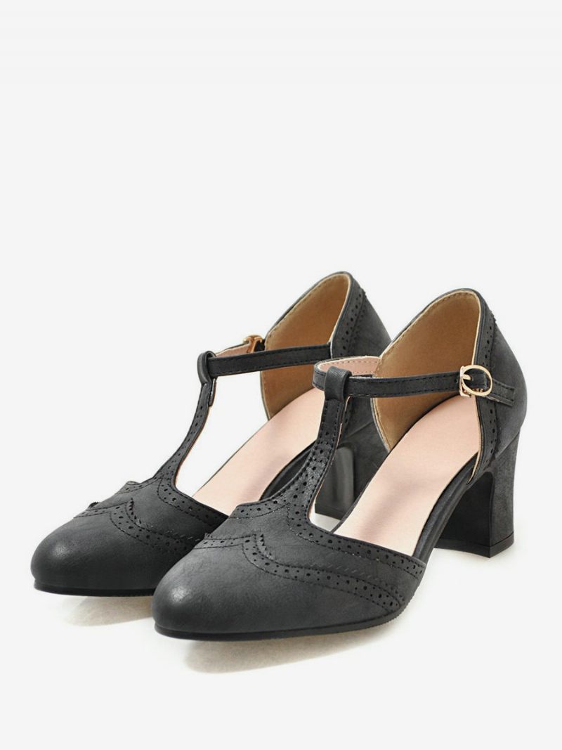 Chaussures Vintage Blanches Pour Femmes Escarpins À Sangle T Chunky Heek - Noir