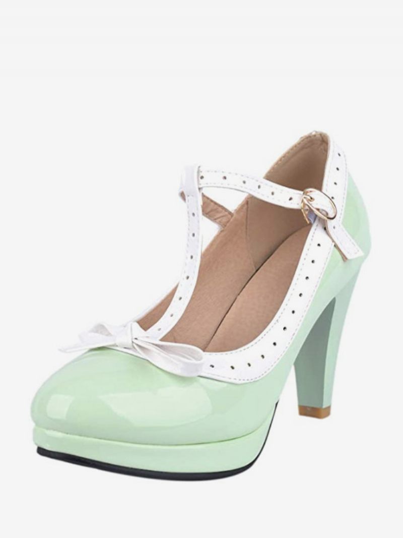 Chaussures Vintage Blanches À Talon Chaton Et Sangle T Pour Femmes - Vert Clair