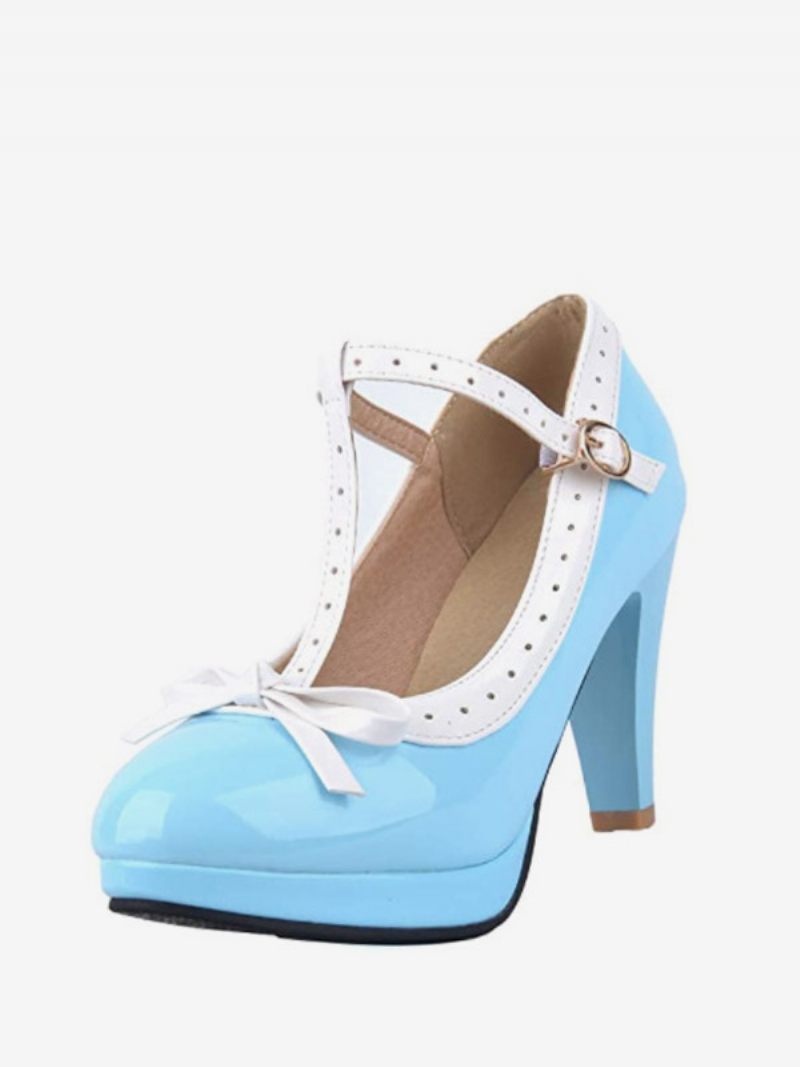 Chaussures Vintage Blanches À Talon Chaton Et Sangle T Pour Femmes - Bleu Ciel Clair