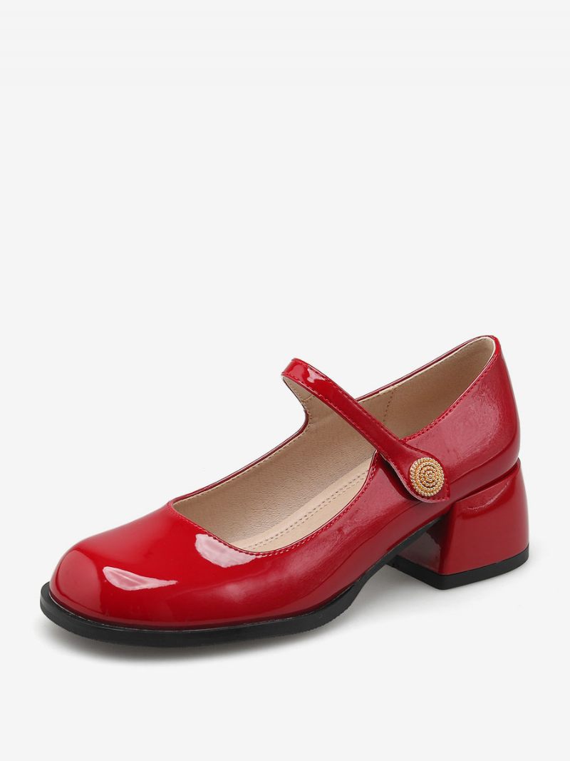 Chaussures Vintage Pour Femmes Cuir Verni Noir À Bout Rond - Rouge