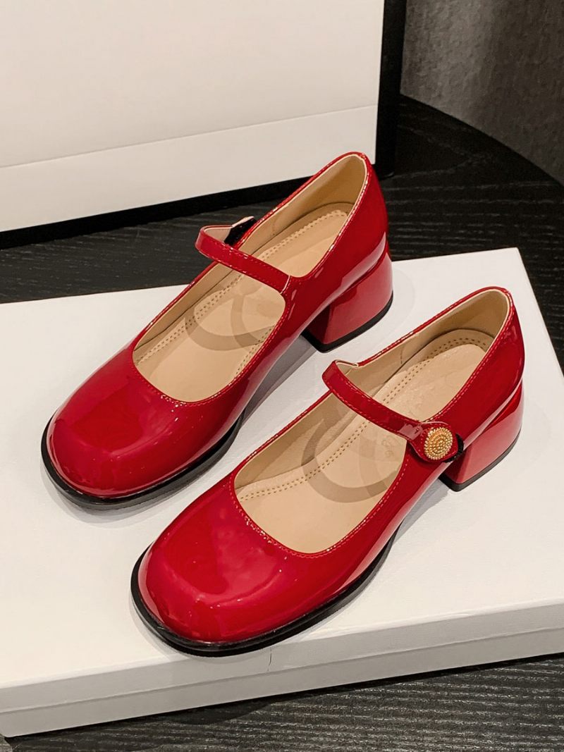 Chaussures Vintage Pour Femmes Cuir Verni Noir À Bout Rond - Rouge