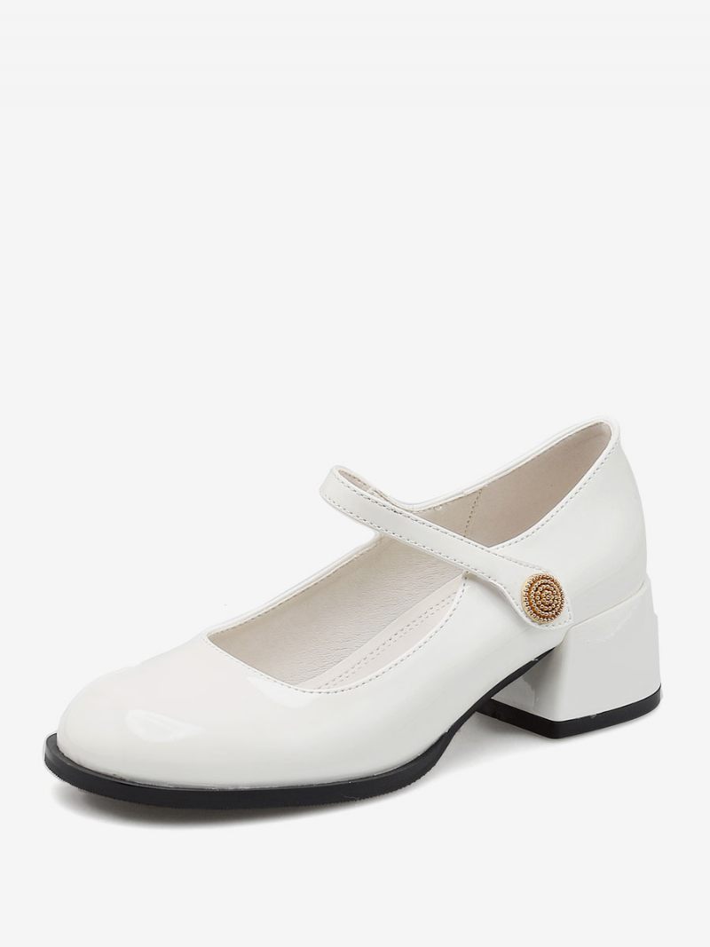 Chaussures Vintage Pour Femmes Cuir Verni Noir À Bout Rond - Blanc