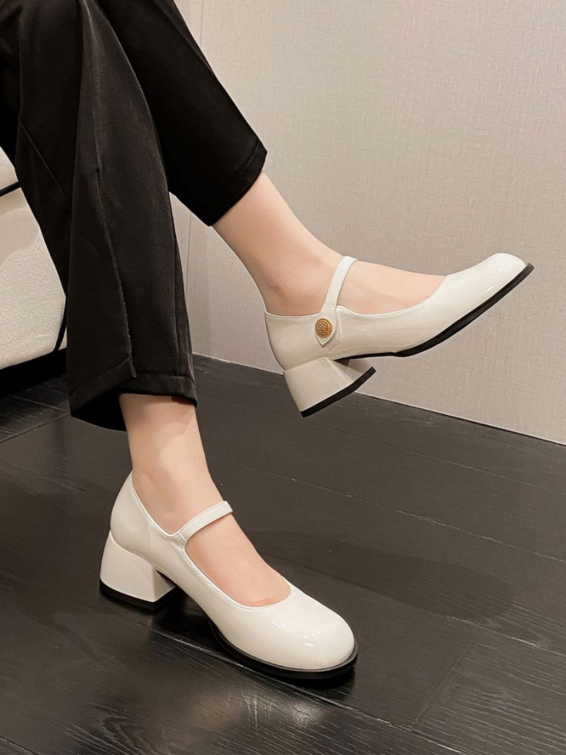 Chaussures Vintage Pour Femmes Cuir Verni Noir À Bout Rond - Blanc