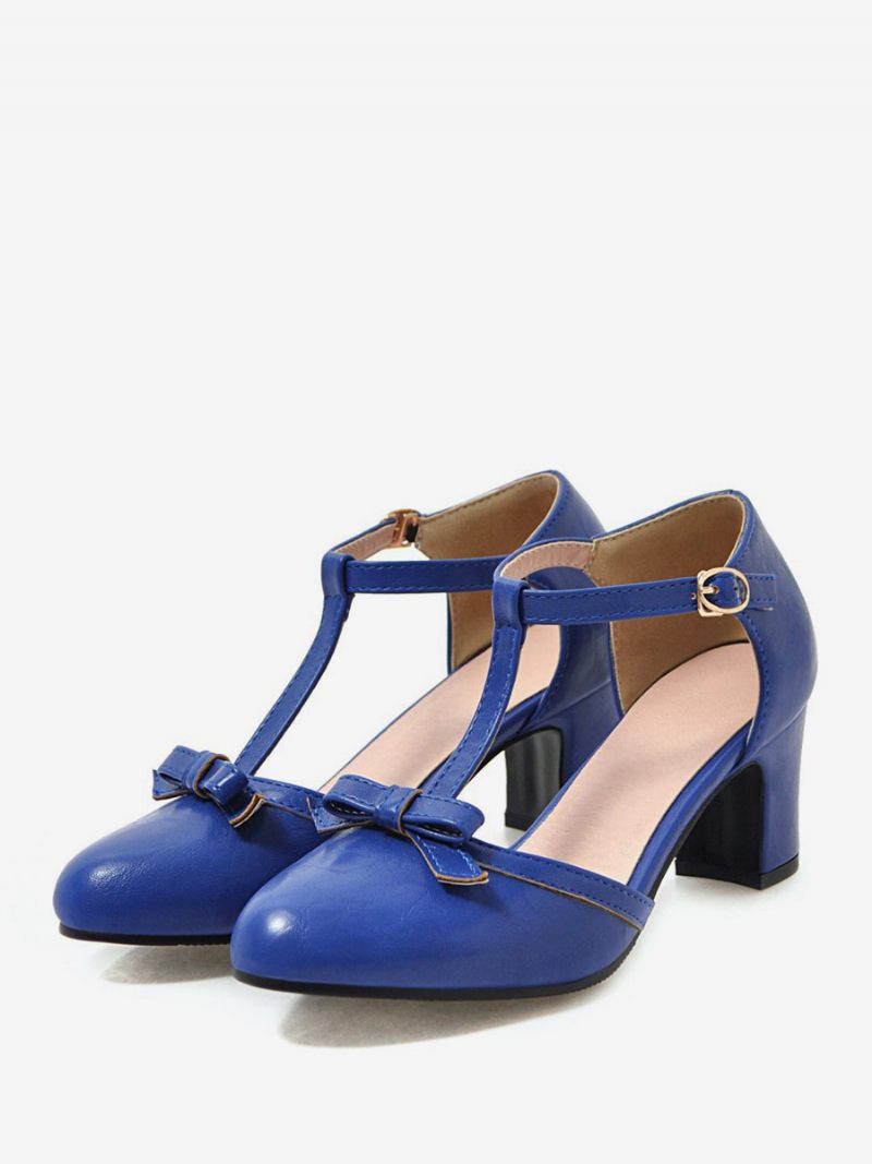 Chaussures Vintage Jaunes Pour Femmes Escarpins À Bout Pointu Avec Sangle T Et Talon Épais - Bleu