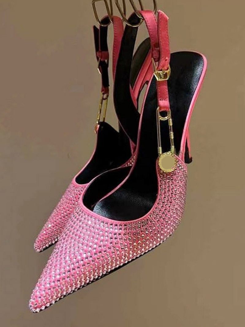 Escarpins À Bride Arrière Pour Femmes Bout Pointu Strass Détail Chaîne Chaussures Soirée Talons Hauts - Rose