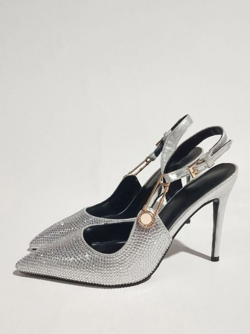 Escarpins À Bride Arrière Pour Femmes Bout Pointu Strass Détail Chaîne Chaussures Soirée Talons Hauts - Argent