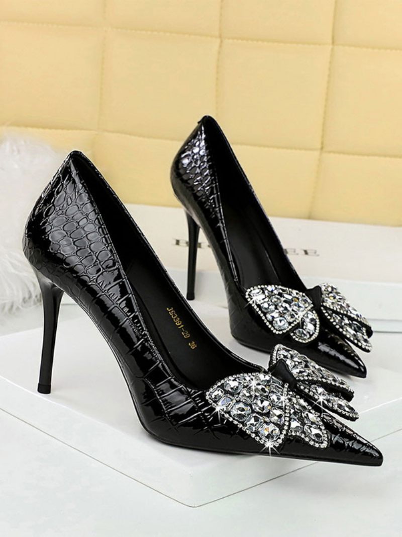 Escarpins Chics À Talons Hauts Et Strass Pour Femmes Bout Pointu Talon Aiguille Cuir Pu - Noir