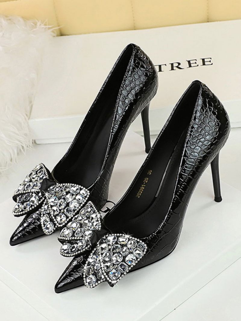 Escarpins Chics À Talons Hauts Et Strass Pour Femmes Bout Pointu Talon Aiguille Cuir Pu - Noir