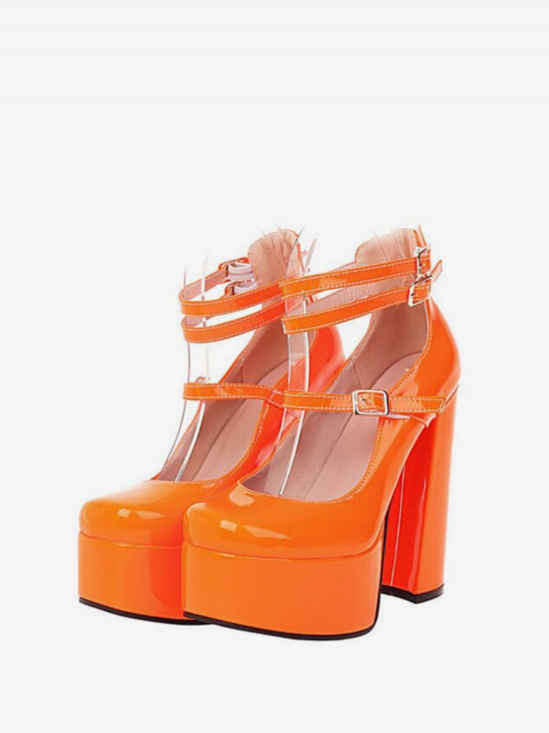 Escarpins Mary Jane À Plateforme Et Talon Épais Pour Femme Cuir Verni - Orange Rouge