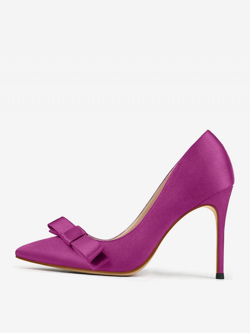 Escarpins Noirs À Talons Hauts Satin Bout Pointu Avec Nœud Et Talon Aiguille Pour Femmes - Fuchsia