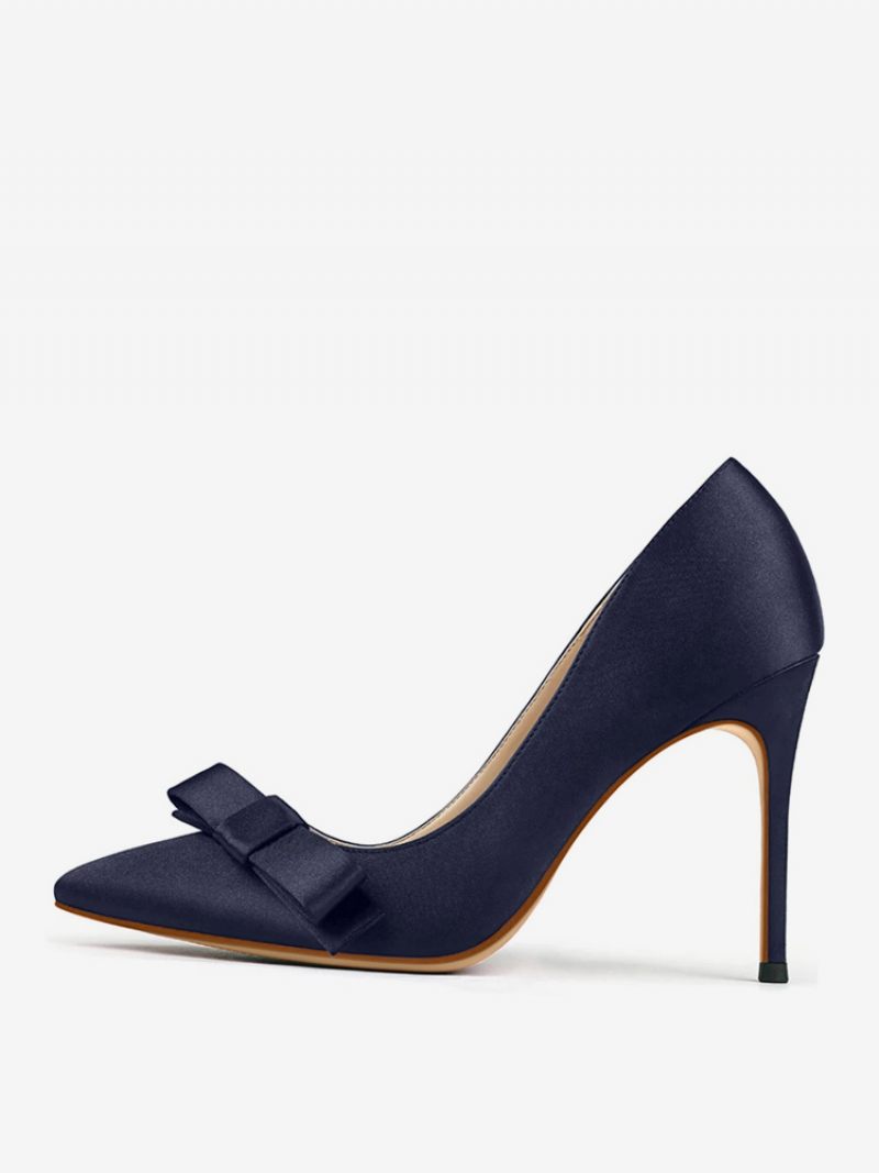 Escarpins Noirs À Talons Hauts Satin Bout Pointu Avec Nœud Et Talon Aiguille Pour Femmes - Bleu Profond