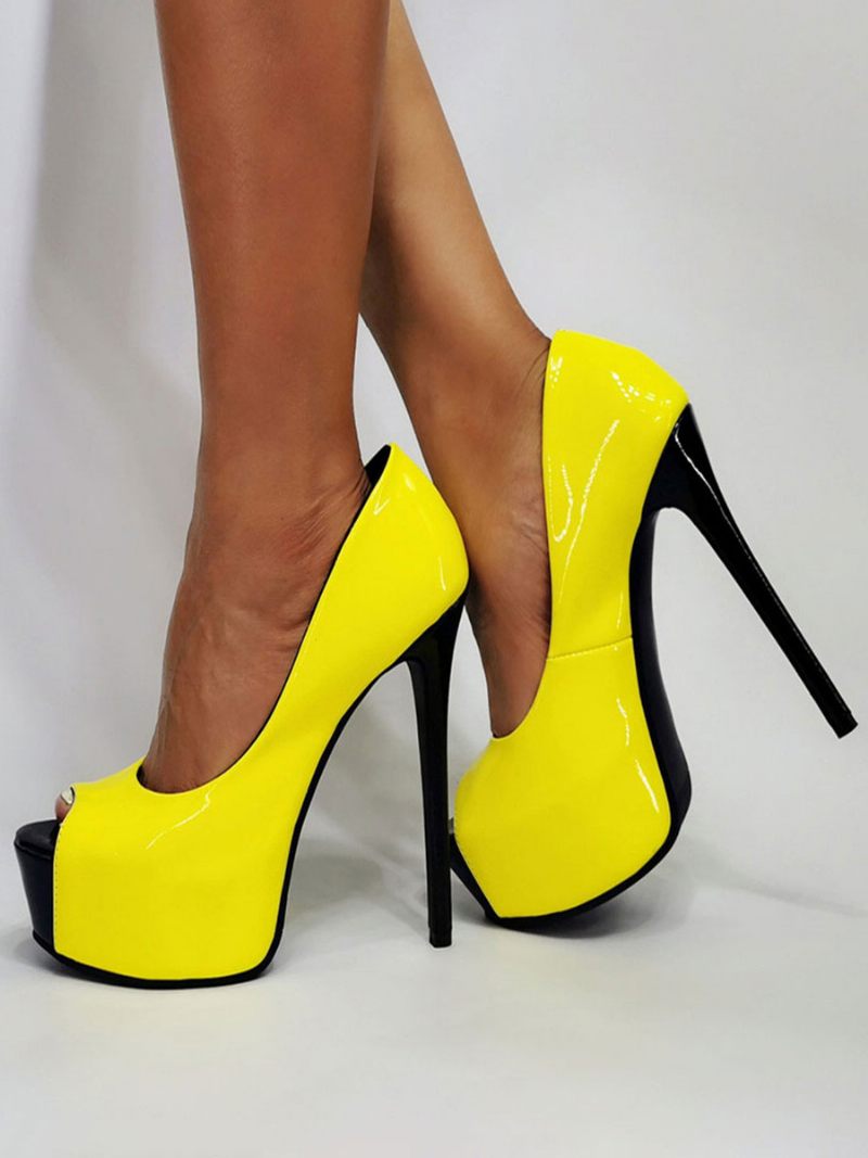 Escarpins Sexy À Talons Hauts Et Aiguilles Pour Femmes Supérieurs Pu Verni - Jaune