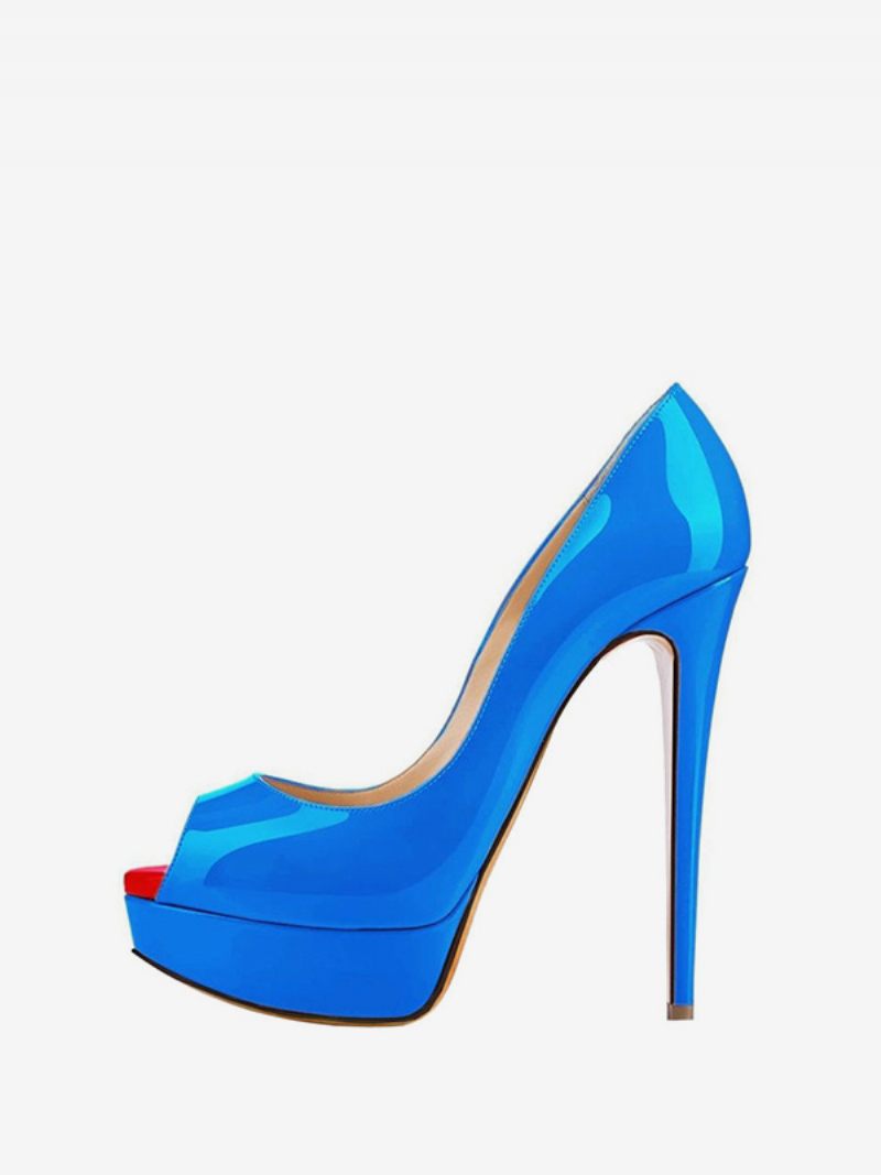 Escarpins À Talons Aiguilles Cuir Verni Plateforme Et Bout Ouvert Pour Femmes Fête Sexy - Bleu