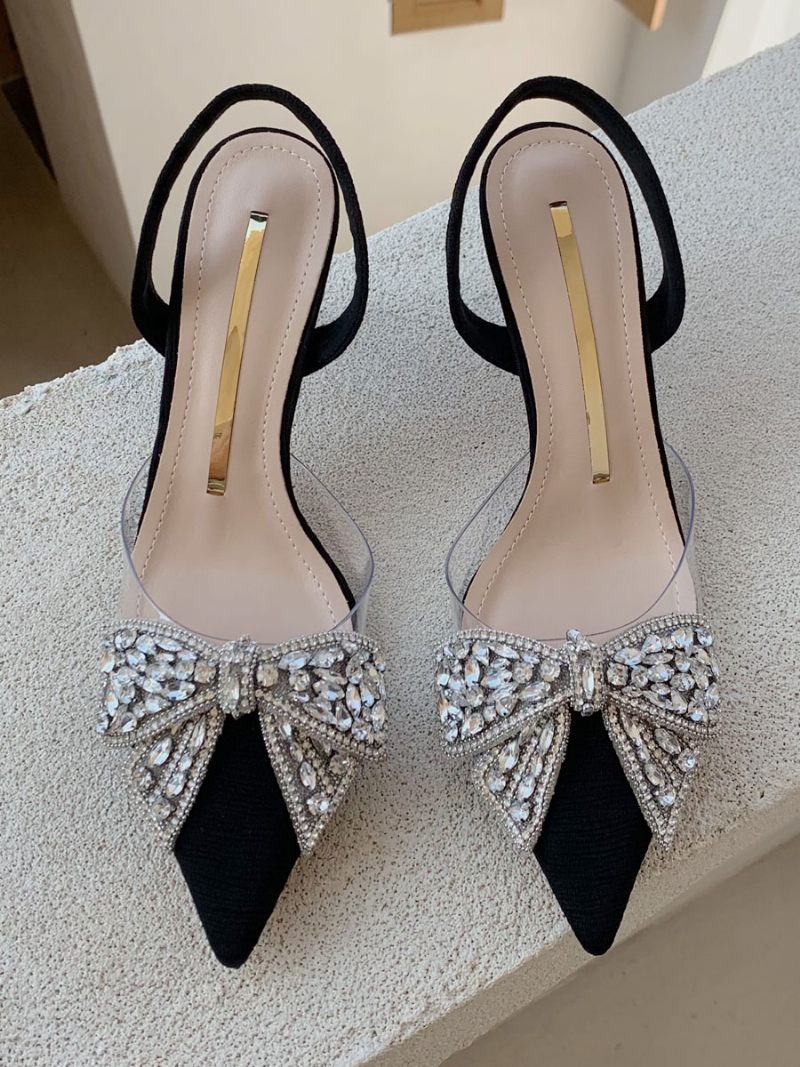 Escarpins À Talons Chaton Pour Femmes Bout Pointu Noir Avec Strass Chaussures Soirée Bride Arrière