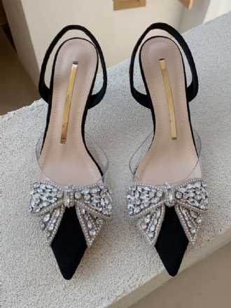 Escarpins À Talons Chaton Pour Femmes Bout Pointu Noir Avec Strass Chaussures Soirée Bride Arrière