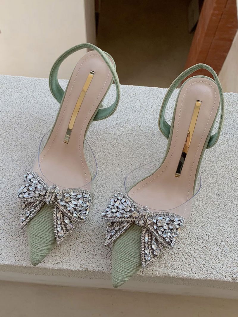 Escarpins À Talons Chaton Pour Femmes Bout Pointu Noir Avec Strass Chaussures Soirée Bride Arrière - Vert Clair