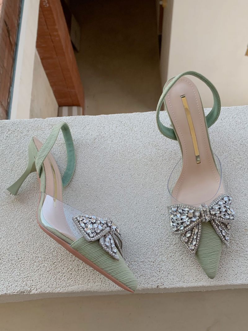 Escarpins À Talons Chaton Pour Femmes Bout Pointu Noir Avec Strass Chaussures Soirée Bride Arrière - Vert Clair